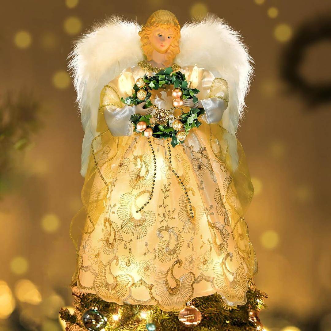 Christmas Tree Topper Angel with Lights, Xmas Tree Toppers Decorations with Timer, 12.5 in Lighted Treetop Ornaments for Indoor Holiday Decor (Yellow)