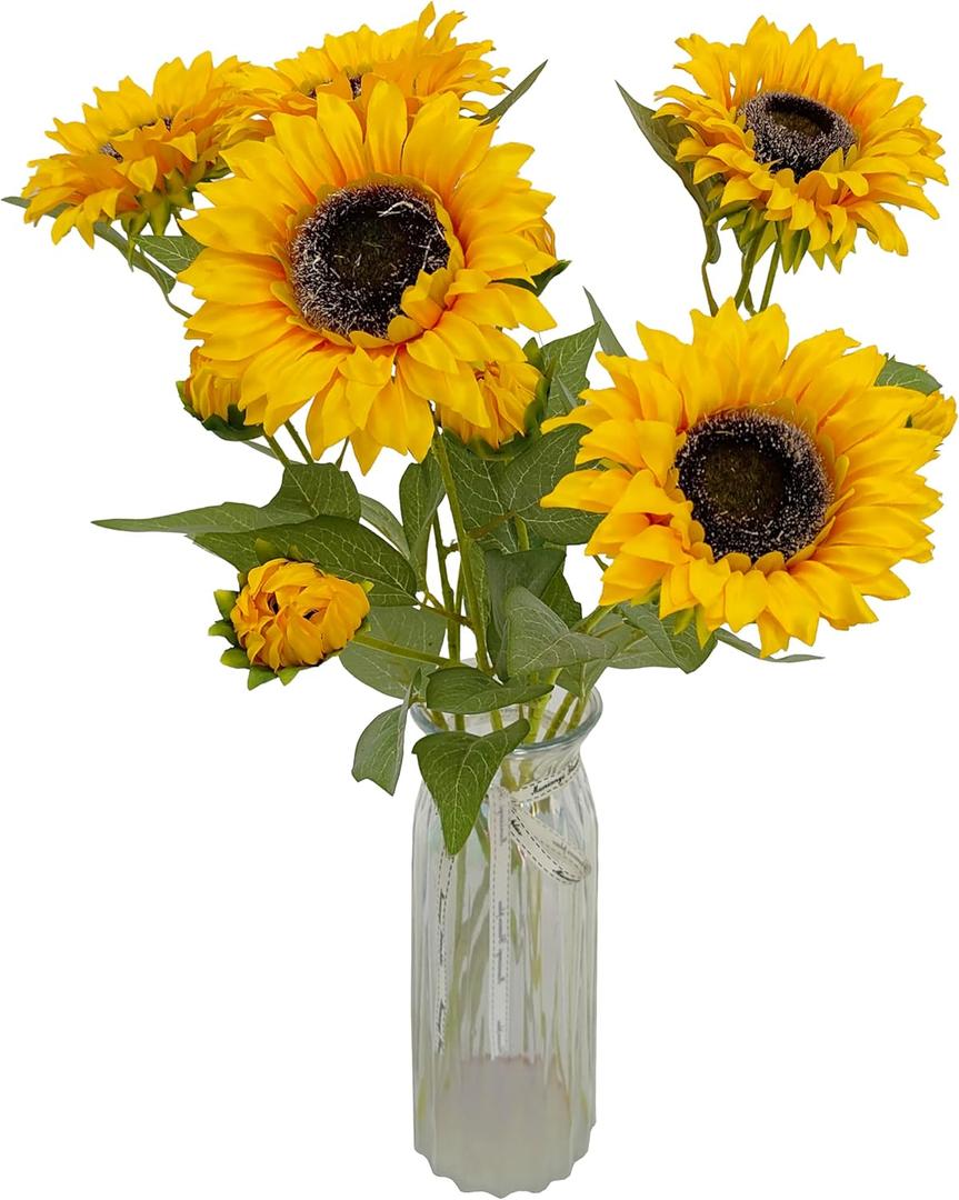 ATFL Fake Sunflowers,6Pcs Sun Flowers Home Decor,Yellow Sunflowers Aritificial Flowers for Wedding Garden Vase Birthday Party Decor (6, deep Yellow)