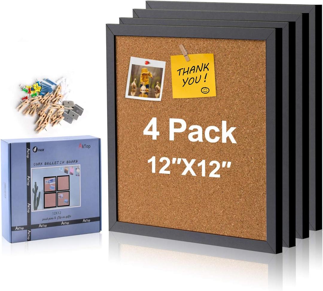 AkTop Cork Board Bulletin Board 12x12, Black Framed Corkboard 4 Pack, Small Square Pin Board for Wall, Mini Thick Cork Tiles with 16 Push Pin Wood Clips for School, Home & Office
