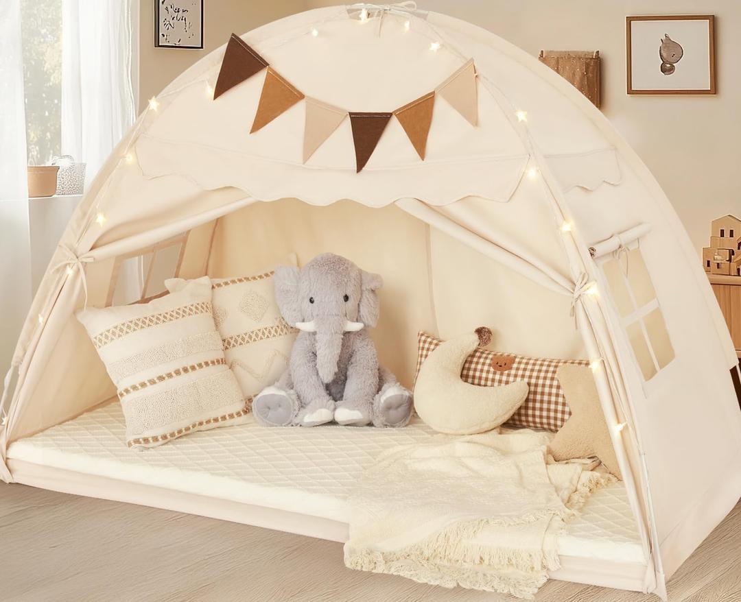 Twin Size Bed Tent Canopy, Kids Play Tent with Flags & Star Lights, Canopy on Bed Privacy Space Sleeping Blackout Tents, Indoor Breathable Portable & Foldable, Girls & Boys Gifts, Cream Castle Style (Twin Size (78.7 x 38.5 x 49.6 in))