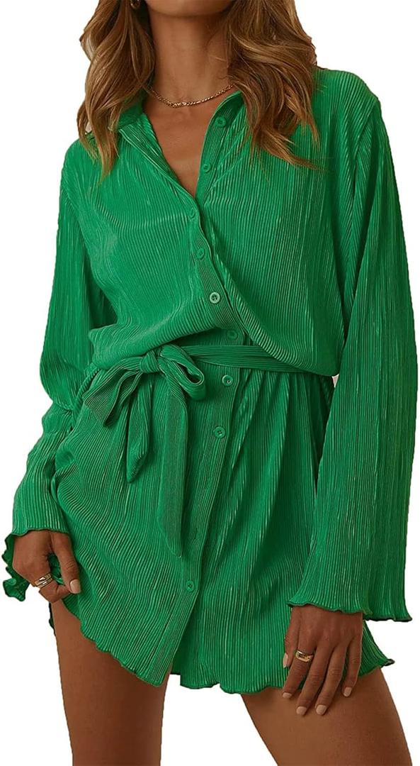 Women Shirt Dresses Long Sleeve Pleated Mini Dress Casual Button Down Tunic Tops with Belt Vintage Streetwear (Large)