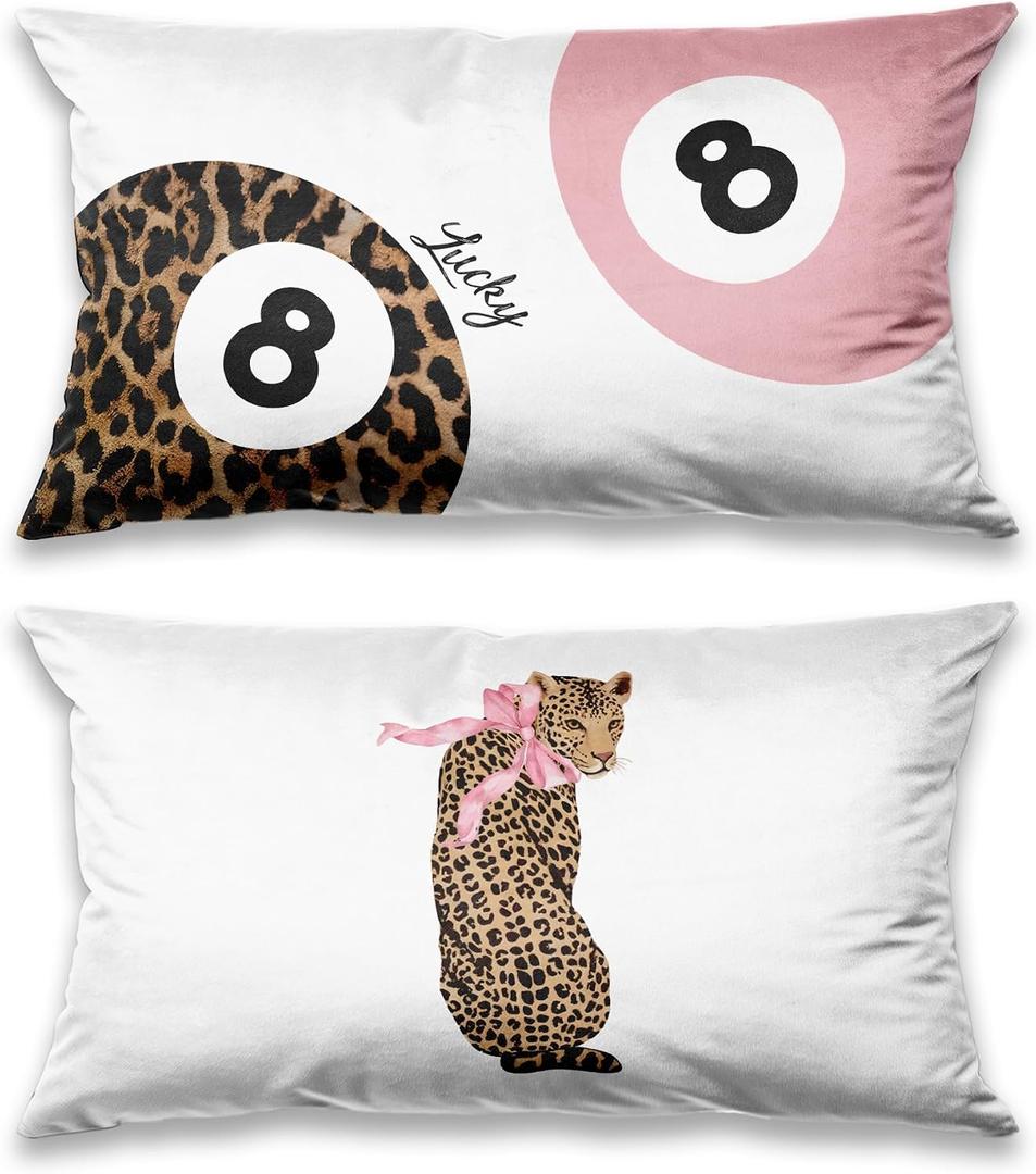 Pink Trendy Leopard Print Y2K Luck 8 Ball Pillow Covers 20x12 Set of 2, Funky Y2K Coquette Bow Preppy Cheetah Lucky 8 Ball Aesthetic Pillow Covers for Girls Room Dorm Apartment，A121