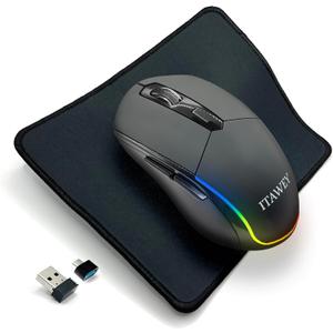 Wireless Mouse & Pad Combo  Multicolor LED Strip, Bluetooth & USB Receiver, Tri-Mode, 6 Buttons, Rechargeable, Quiet Clicks, USB-C Converter, Precision 3200 DPI  for PC, Laptop & Tablet (Black)