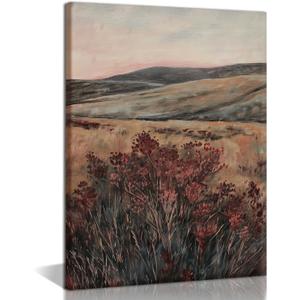 Moody Maroon Wildflowers Canvas Wall Art Antique Red Pastoral Wall Decor Vintage Floral Landscape Art Pictures Wildflowers Oil Paintings Farmhouse Posters Prints Gallery Bedroom Decor 16x24 Inch