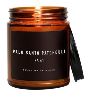 Sweet Water Decor Palo Santo Patchouli Candle - Vanilla, Musk, Sandalwood, Patchouli Scented Soy Spa Candles for Home - Gifts for Women, Men - 9oz Amber Jar, 40 Hour Burn Time (Black Label)