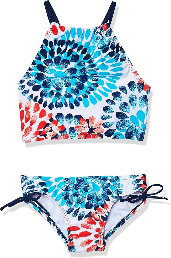 Kanu Surf Girls' Daisy UPF 50+ Beach Sport Halter Tankini 2-Piece Swimsuit (Daisy Red/White/Blue)