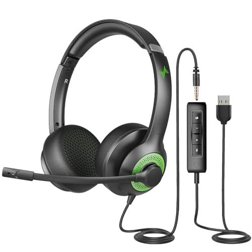 USB Headset with Mic for PC, On-Ear Computer Laptop Headphones with Noise Cancelling Microphone in-line Control for Home Office Online Class (USB+3.5mm, Green)