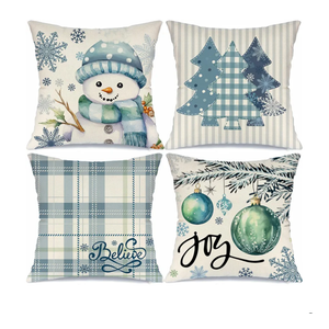 Christmas Winter Snowman Joy Snowflake Throw Pillow Covers Xmas Tree Pillow Covers 18x18 Set of 4 Winter Holiday Buffalo Plaid Cushion Case Decoration for Sofa Couch