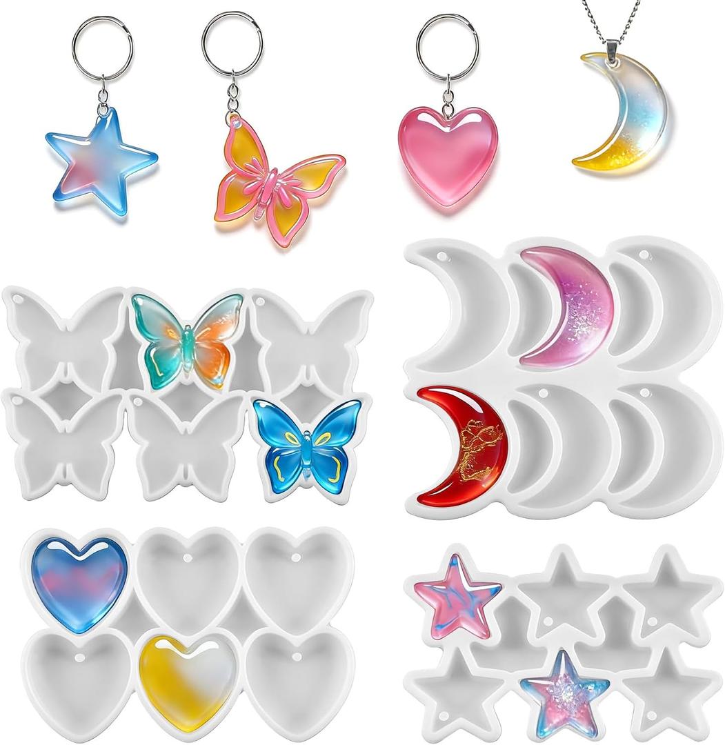 4 Pack Resin Earring Mold with Holes, 24 Cavity Butterfly Heart Star Moon Pendant Keychain Silicone Molds 4 Sizes Resin Jewelry Molds for Epoxy Crafts DIY Earrings, Necklace, Pendants, Keychains