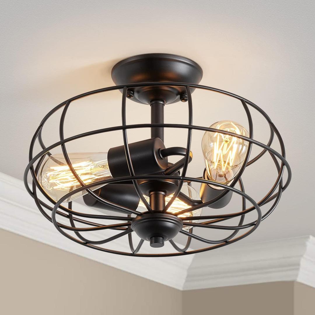 AGV LIGHTING Industrial Semi Flush Mount Ceiling Light Fixture, E26 Base 3-Lights, D13 x H8, Black Finish AGV LIGHTING Industrial Semi Flush Mount Ceiling Light Fixture, E26 Base 3-Lights, D13 x H8, Black Finish