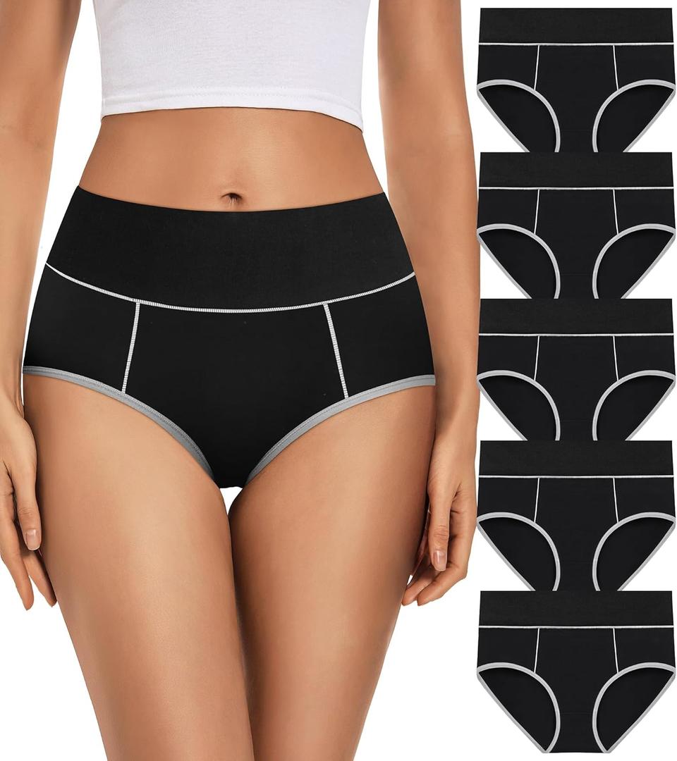 Womens Cotton Mid High Waisted Underwear Comfort Panties 5 Pack Briefs (Black, M)