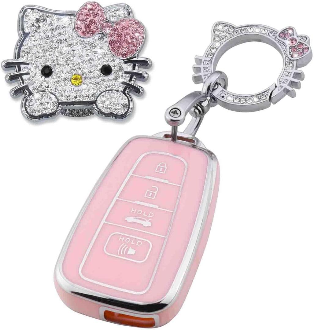 Pangpai Pink Car Accessories 3 Pcs for 2018-2022 Toyota Camry RAV4 Highlander Avalon C-HR Prius Corolla GT86 Key Fob Cover with Bling Keychain Cute Push to Start Button Cover
