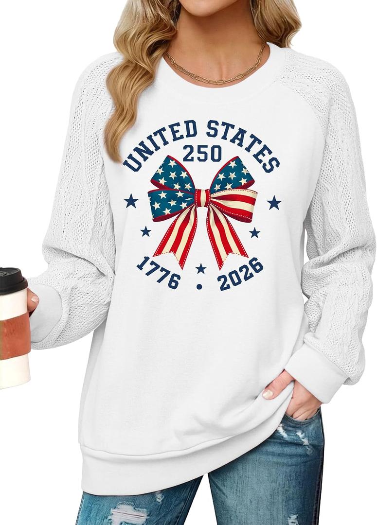 American Flag Sweatshirt for Women USA Sweatshirts 4th of July Casual Cable Knit Long Sleeve Shirts USA Tops (White)