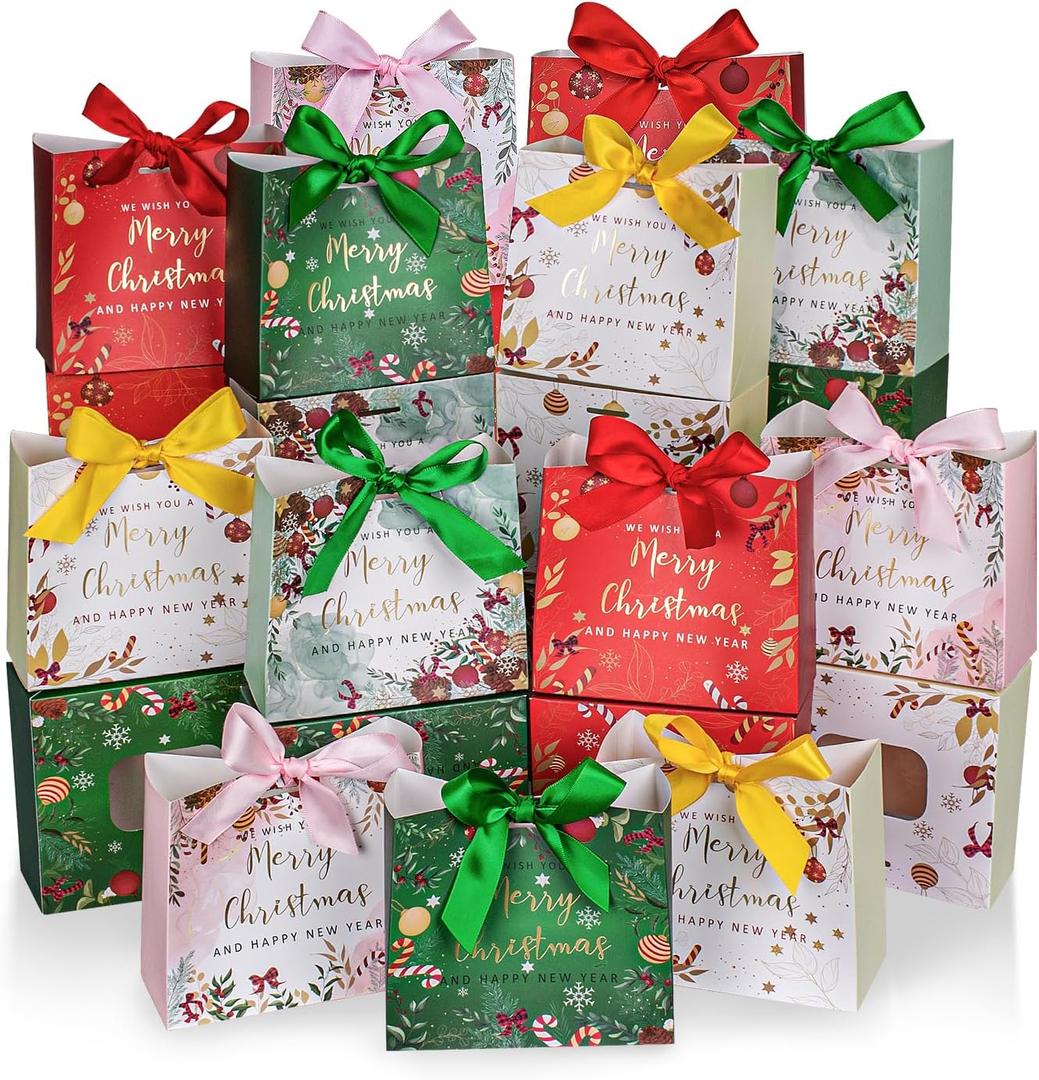 25 Pack Small Christmas Gift Bags, 5.1 x 4.5 x 2.2 Inches Mini Xmas Gift Bags, Small Gift Bag Christmas for Wrapping Presents, Classroom Exchange, Xmas Decor (Mix Color)