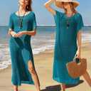 VOTEPRETTY Womens Two Piece Cover Ups Sets Crochet Beach Vacation Summer Swimwear Short Sleeve Outfits Split Knit Long Dress (Blue, L)