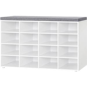 DINZI LVJ Shoe Storage Bench with Cushion, 16-Cubby Shoe Rack, Adjustable Shelves, Multifunctional Shoe Organizer Bench for Entryway, Mudroom, Hallway, Living Room, Bedroom and Garage, White