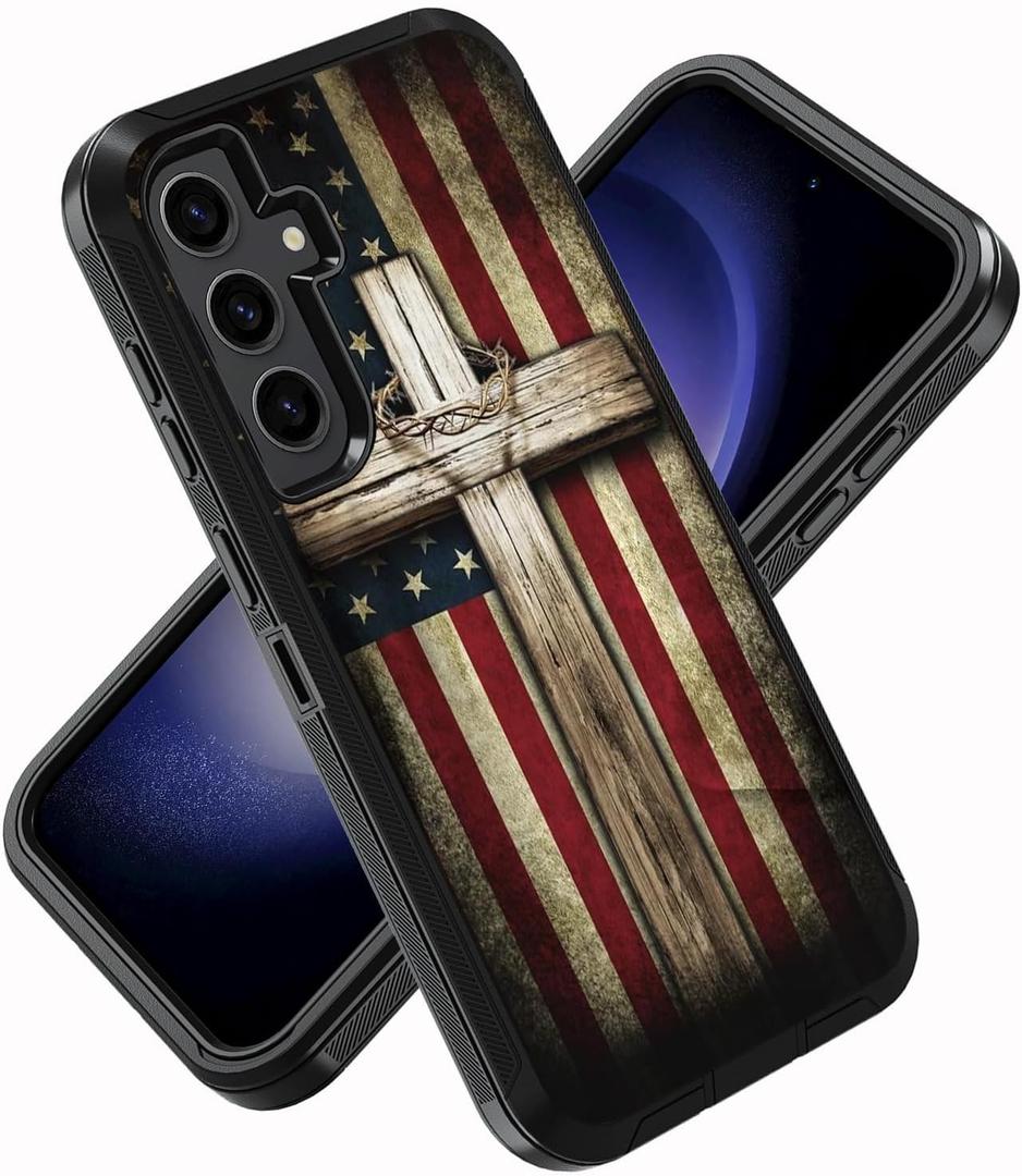 for Samsung Galaxy S24 FE Phone Case, Military Grade Heavy Duty 3-Layer Shockproof Drop Protective Cover for Samsung Galaxy S24 FE 5G (2024), American Flag Cross