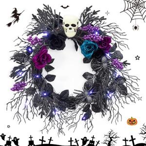GarveeHome Halloween Wreath with Lights, 20 Inch Gothic Skull Wreath for Front Door Decor with 3 Color Roses, Spiders and Purple Berries for Indoor Outdoor Wall, Window, Porch