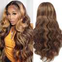 Yllies Honey Blonde Highlight Ombre Middle Part Lace Front Wigs Human Hair T Part HD Transparent Lace Body Wave Wigs 180% Density Brazilian Human Hair 4/27 Colored Glueless Wigs for Women(20 Inch)