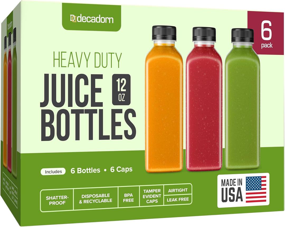 DECADORN 12 oz Plastic Juice Bottles With Caps - 6 Pack MADE IN USA Juicing Bottles Reusable - Juice Container For Fridge - Shatterproof, BPA-Free, Leak proof, Disposable & Recyclable