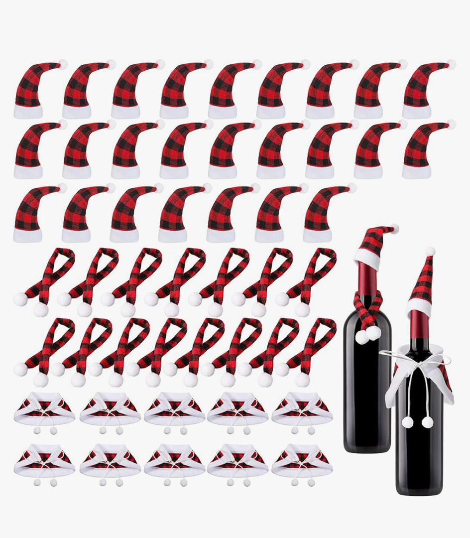 Nuenen 50 Pcs Mini Christmas Bottle Cover Set Tiny Santa Hat Scarf Capelet Flute Topper Decoration Xmas Doll DIY Craft