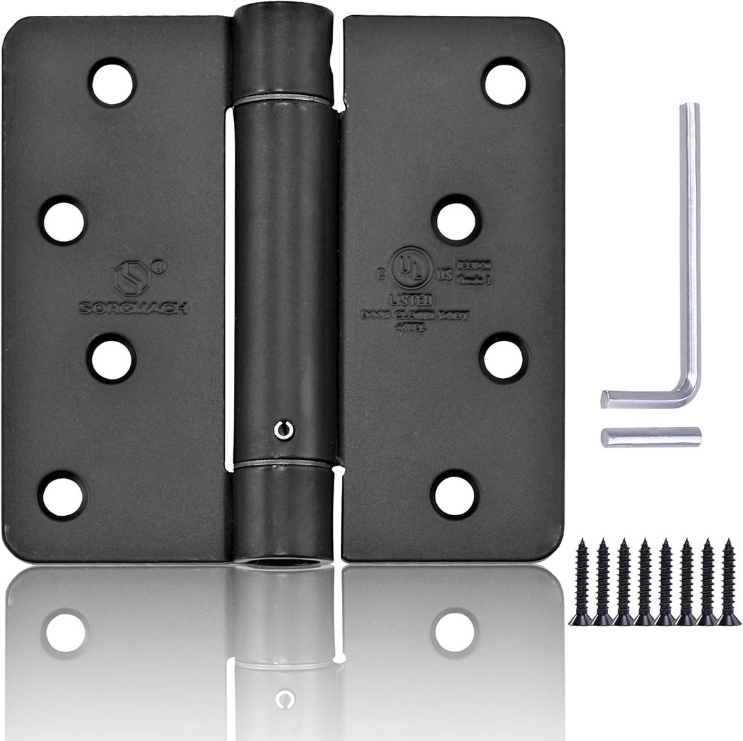 3 Pieces Self Closing Door Hinge 4 inch Matte Black Auto Close Hinges Adjustable 4 x 4 Inch Spring Hinges Door Closer Hinge 1/4" Radius Corner Commercial Auto Self-Closing Hinge