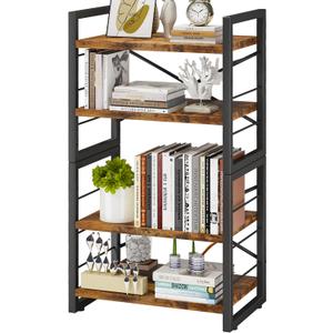 Homeiju Bookshelf, Dorm Desk Hutch, Desk Shelf Organizer, 4 Tier Stackable Bookcase, Adjustable Industrial Book Shelf Storage Organizer for Desktop, Living Room, Bedroom, Office,Rustic Black and Brown (Vintage)