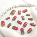 Cat Eye Press on Nails Medium Square Fake Nails with Colorful Gradient Designs Cute Nails Press ons Glossy Pink Acrylic Green False Yellow Stick on Nails for Women 24Pcs