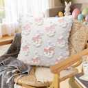 Easter Decorative Pillow Covers 18x18 inch Set of 2, Pink Ears Rabbit White Eggs with Bow Star Embroidered Soft Plush Faux Fur Farmhouse Throw Cushion Cases for Spring Holiday Home Decor
