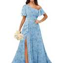Chiffon Bridesmaid Dresses for Women Floral One Shoulder Ruffle Formal Evening Gown with Pockets Floral Blue Size 14