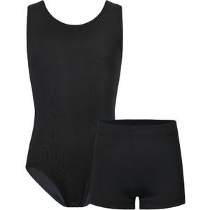 TENVDA Gymnastics Leotards for Girls Sleeveless Kids Dance Tumbling Outfit Matching Shorts Set Age 4-12 Years (Black)