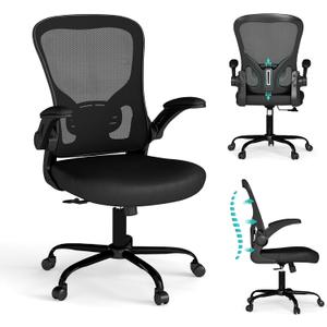 Flysky Mesh Office Chair, Ergonomic Computer Desk Chairs for Home Office - with Comfy/Comfortable Flip-up Arm Rests, Lumbar Support, Height Adjustable, 360 Degree Rolling Swivel (Black)