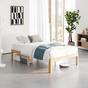 14 Inch High Bamboo Wood Twin Bed Frame Platform, Metal Slat Support Bed Frame Twin, No Box Spring Needed, Easy Assembly, Noise Free, Reinforced