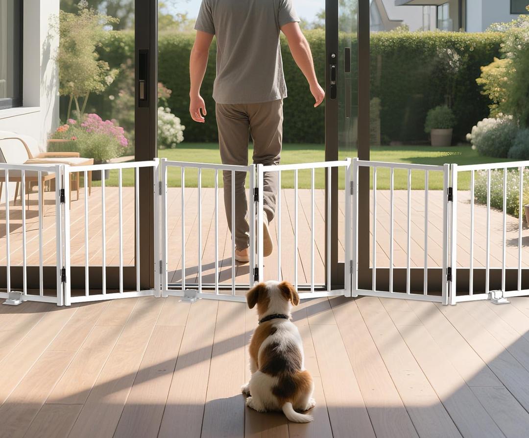 Free Standing Foldable Dog Gate, 16.5" High Step-Over Metal Short Pet Gate, Up to 72" Wide Puppy Fence for Stairs and Doorways, Indoor & Outdoor Use, No Drilling and No Assembly, White