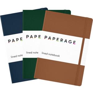 PAPERAGE Lined Journal Notebook, 3 Pack, (Cognac, Dark Green, Navy), 160 Pages, Medium 5.6 in x 8 in - 100 GSM Thick Paper Hardcover Journaling Notebook for Work, School & Note Taking