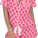 KevaMolly Womens Christmas Lounge Sets Candy Cane Print Pocketed Knotted PJ Set Short Sleeve Xmas Top and Shorts (Medium, Z Pink Red)