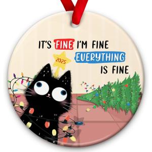 2 x SOL VIBES Funny Black Cat Christmas Ornament  It's Fine I'm Fine Everything is Fine Ornament, Christmas Holiday Decor - Humorous Xmas Tree Hanging, Xmas Gift Ideas for Cat Lovers, Friends, Family