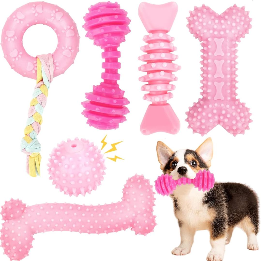 Puppy Toys, 4 Pack Dog Chew Toys for Puppy, Cute Pink Small Dog Toys, Teething Toys for Puppies, Soft Durable Interactive Chew Toy for Small Dogs