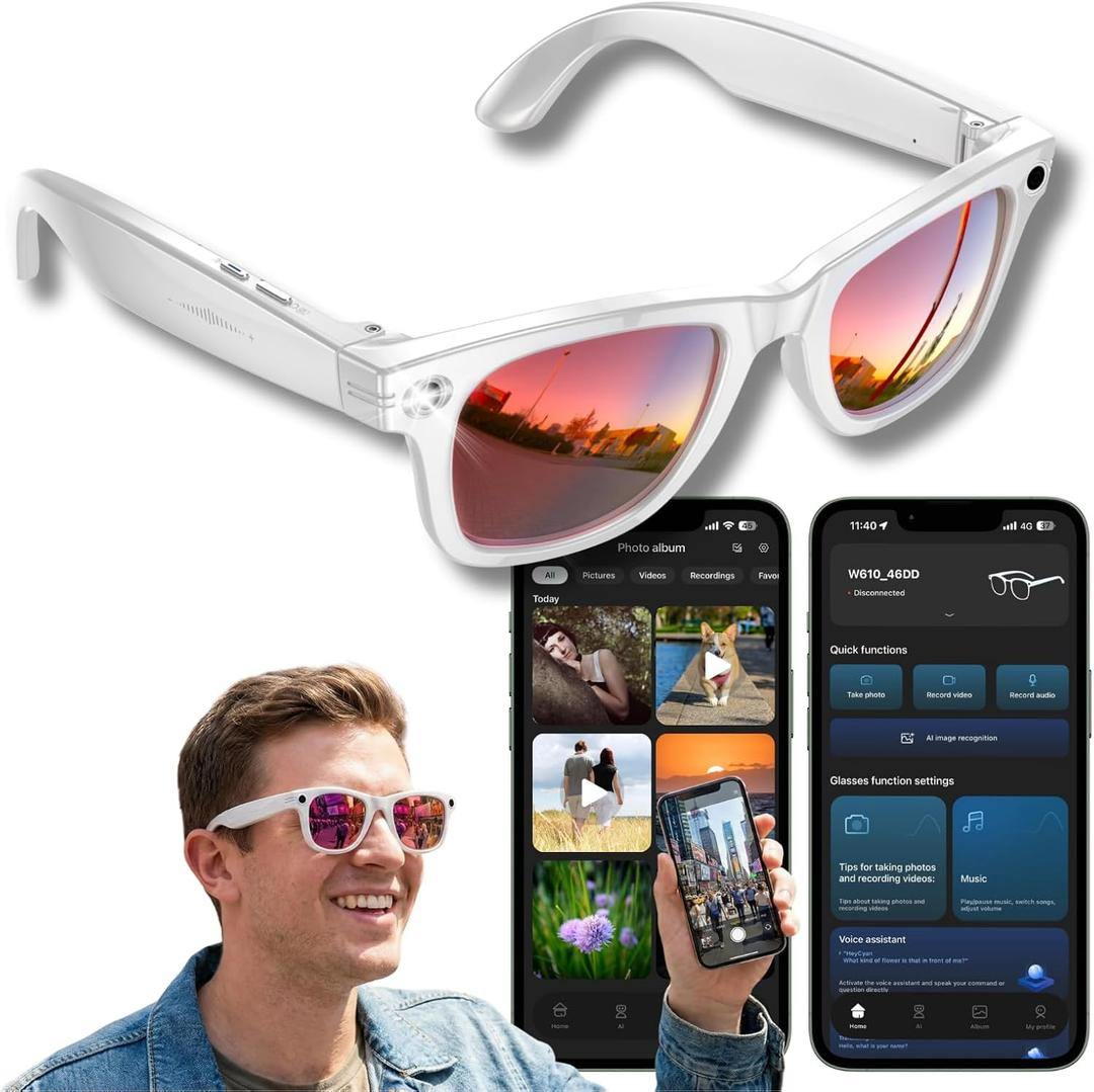 Smart Glasses with Camera, 8MP POV Recording Sunglasses for Travel, Cycling & Outdoor Use, AI Object Recognition, Voice Translation, Bluetooth Audio, Built-in Storage, IP67, Red Mirrored Lens