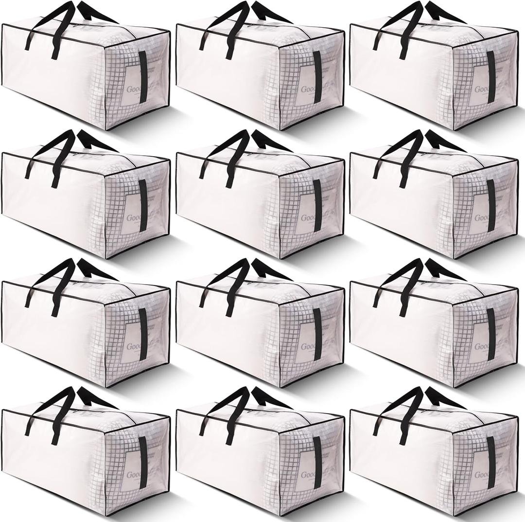 12 Pack Large Strong Moving Bags with Zippers & Carrying Handles - Water-Resistant - Heavy Duty Storage Tote for Space Saving, Fold Flat, Alternative to Moving Box (Semi-Transparent)