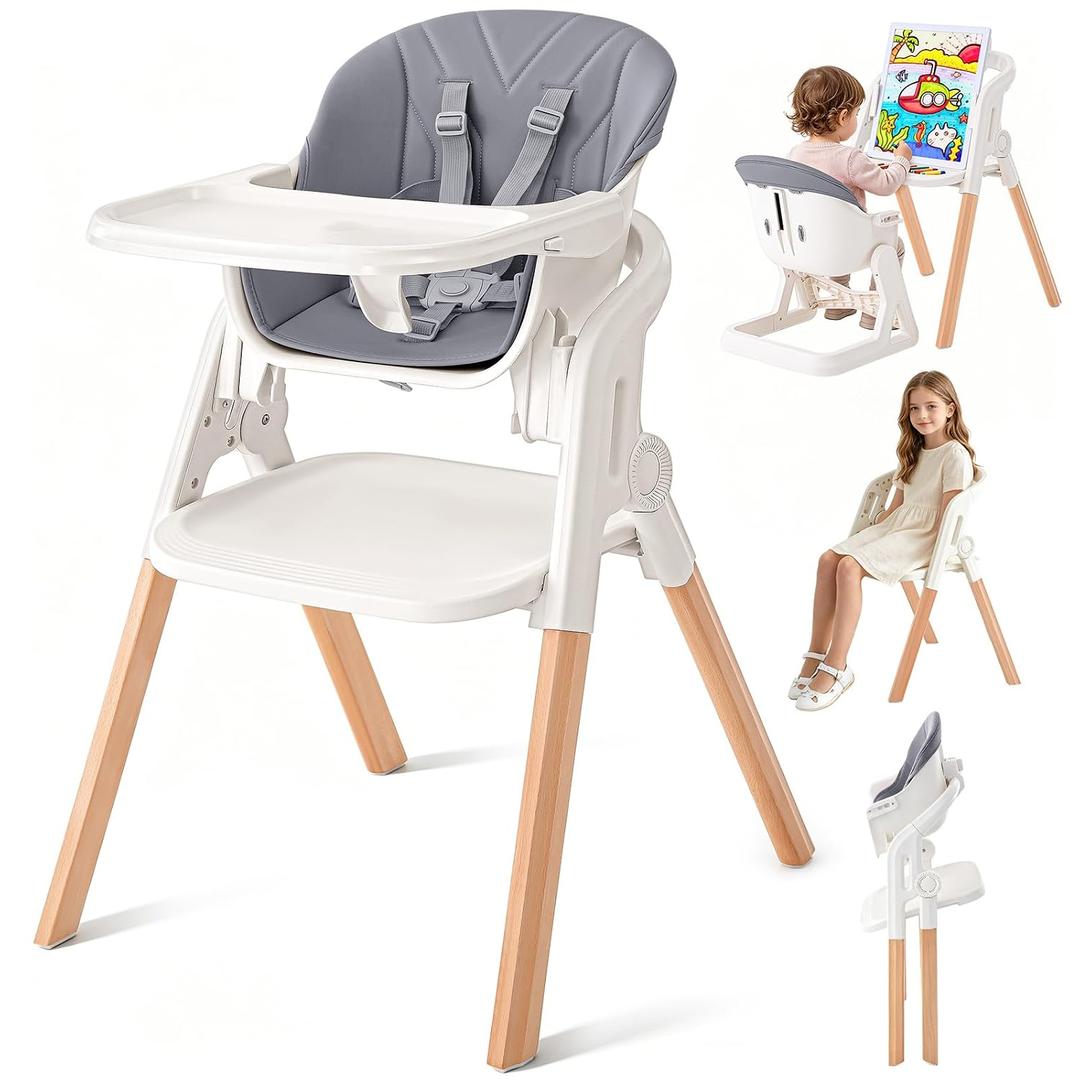 Foldable Baby High Chair, 4-in-1 Convertible Wooden Baby Highchairs (Grey)