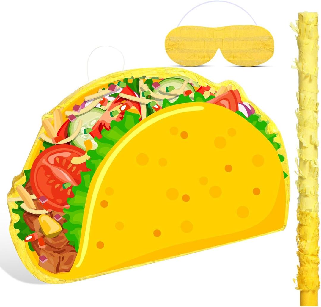 Taco Pinata Mexican Piata Party Favor Includes Stick Blindfold Bat for Birthday Cinco De Mayo Decor for Mexican Themed Party Supplies, 16.1 x 11.9 x 3.2 Inches