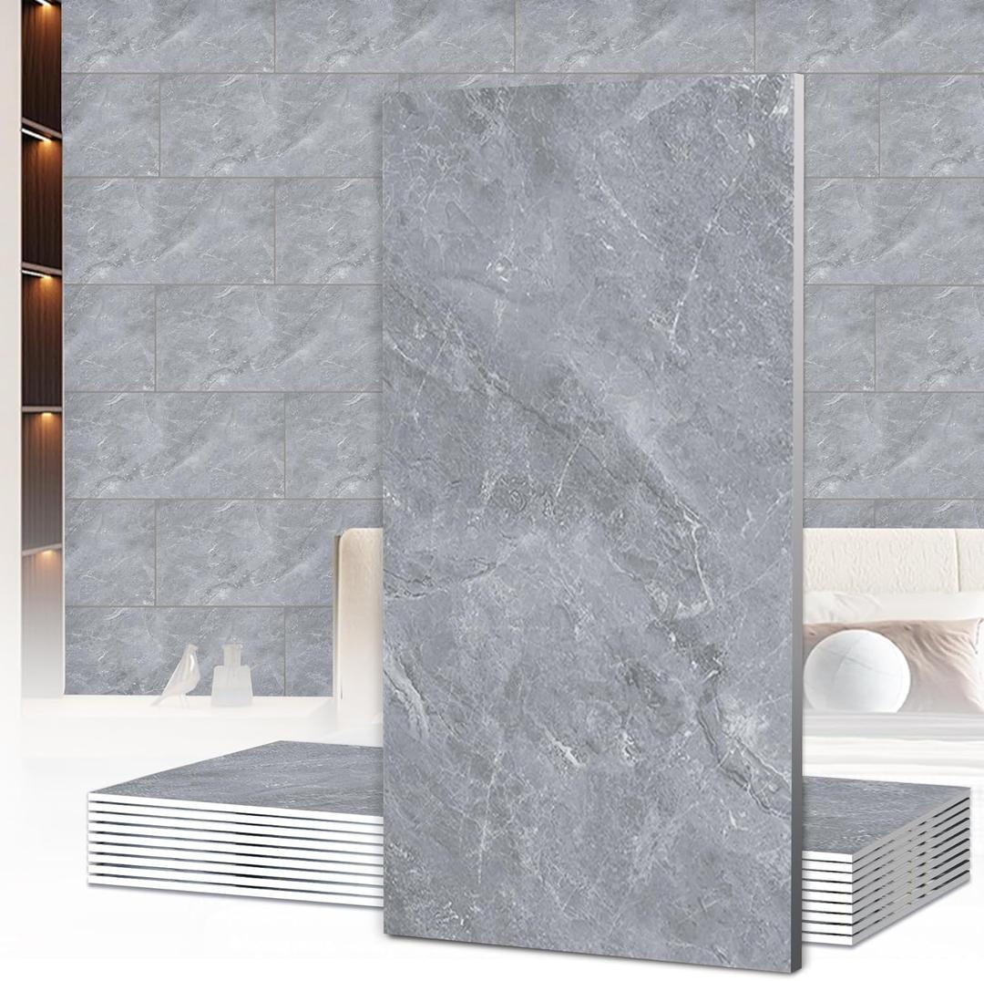10PCS Peel and Stick Floor Tile Shower Tile Waterproof PVC Waterproof Wallpaper for Kitchen and Bathroom (Light Grey, 23.6" x11.8)