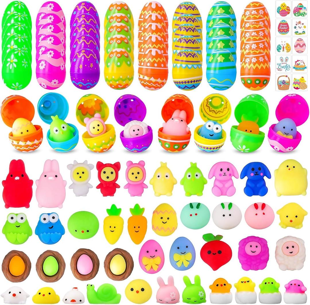 Garma 40pcs Easter Filled Eggs with 40pcs Mochi Squishies Toys and 40pcs Kawaii Tattoos Basket Egg Stuffers Stress Relief Toys for Kids Easter Egg Hunt Fillers, Party Favor, Classroom Prize Supplies