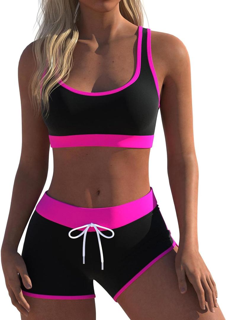 Womens Sport Two Piece Swimsuits Racerback Tops Boyshort Bottom (Large, Rose)