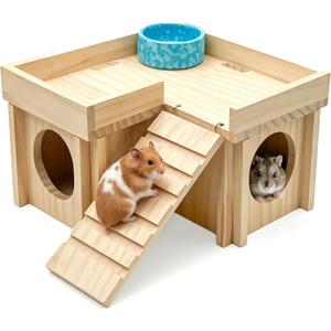 Wooden Hamster Hideout,Dwarf Hamster Hide House with Platform & Bowl & Ladder,Small Hamsters Maze Hut Hides Habitats Decor Cage Accessories for Gerbils,Mice,Mouse