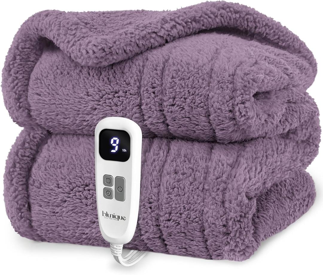 blunique Heated Blanket Electric Blanket Throw - Fast Heating Blanket Throw Double Sided Sherpa Ultra Soft Cozy with 10 Heating Levels & 2-10 Hours Auto Off, Mashine Washable, 50 x 60 Inches, Purple