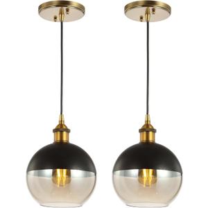 JONATHAN Y 7.5" Brass Gold/Black 1-Light Mid-Century Modern Globe Pendant Light, Adjustable LED Hanging Ceiling Fixture, Champagne Smoked Glass Shade for Kitchen Island (JYL3513A-SET2)
