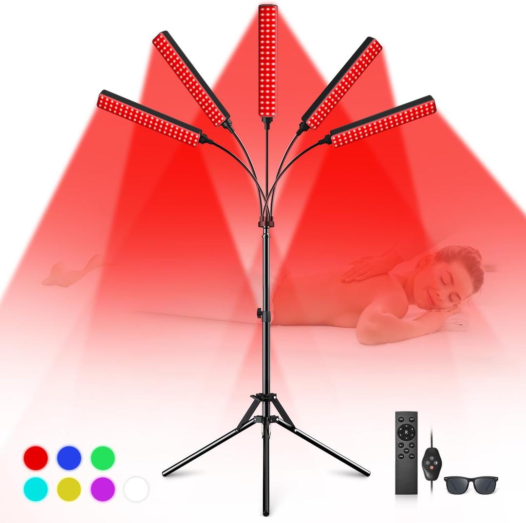 Red Light Therapy for Face Body, 5 Heads Red Infrared Light Therapy Device, 7Colors Full Body Red Light Therapy Devices, 660nm and 850nm Near Infrared for Face,Muscle,Body,Skin (Black)