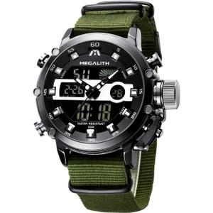 MEGALITH Mens Watches Waterproof Digital Military Sport Tactical Multifunction Heavy Duty Led Rugged Watch for Men, Alarm Stopwatch, Nylon/Leather Strap (1-Green Black)